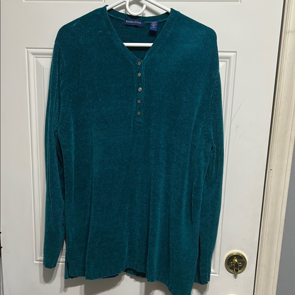 Karen Scott Teal Green Blue V-Neck Sweater Soft Knit Relaxed Fit